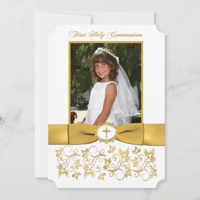 Communion | PRINTED RIBBON | White, Gold | Photo Invitation | Zazzle