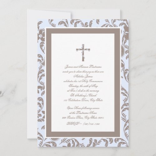Communion Soft Blue and Brown Paisley Custom Invite