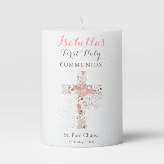 Communion White Floral Cross Girl Name  Pillar Candle (Front)