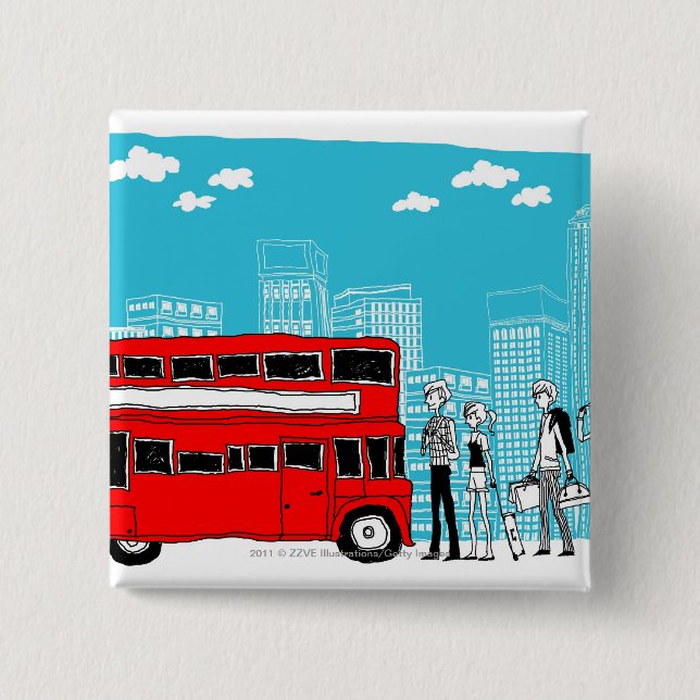 Commuters waiting at bus stop pinback button (Front)