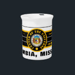 COMOCOU COLUMBIA, MISSOURI (COU)  BEVERAGE PITCHER<br><div class="desc">Beverage Pitcher 19oz. white with black, gold and white concentric-circles design above a black and gold rectangle with white stripes across the middle, and a black stripe at the top also with "COLUMBIA, MISSOURI CENTER OF THE UNIIVERSE" with Y-NOT-ME. It has the Great Seal of Missouri in the center. This...</div>