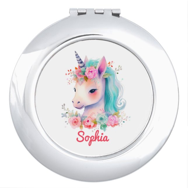compact mirror with watercolor unicorn  (Front)
