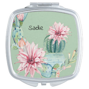 Compact with Cacti Design in Green & Pink Compact Mirror