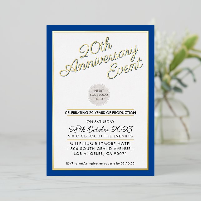 COMPANY ANNIVERSARY PARTY modern logo blue gold Foil Invitation (Standing Front)