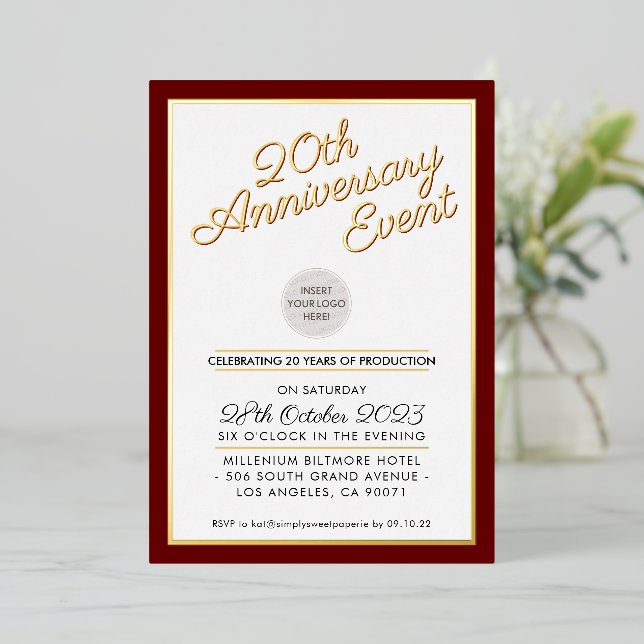 COMPANY ANNIVERSARY PARTY modern logo maroon gold Foil Invitation (Standing Front)
