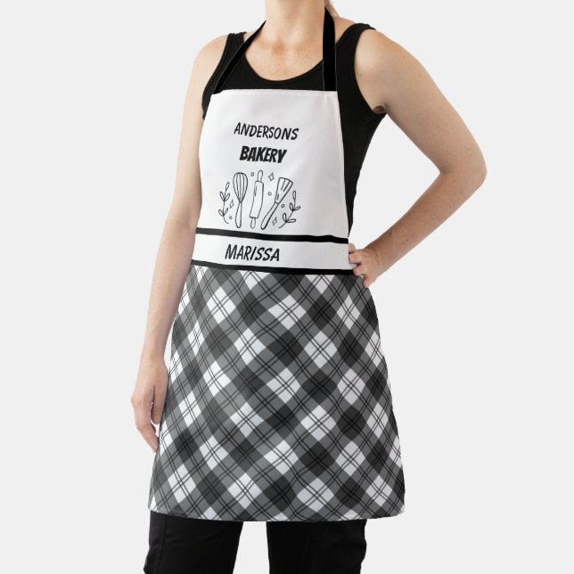 Company Bakery Name Black & White plaid Apron (Insitu)