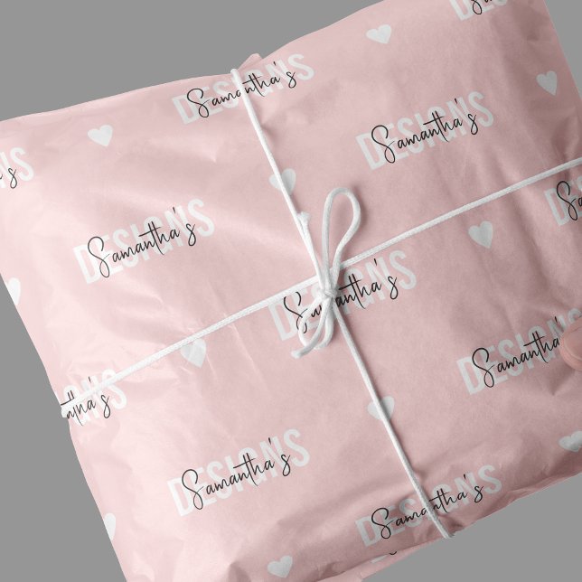 Company Branded Monogram Pattern Blush Pink Tissue Paper (Feminine modern blush pink branded tissue packaging paper with your brand name & hearts pattern)