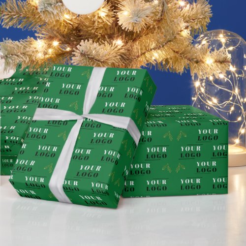 Company Business Green Christmas Holly Tiled Logo Wrapping Paper