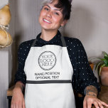 Company business logo promotional black & white apron<br><div class="desc">Minimalist white company apron,  decorated with black stripes and easily customizable with your own logo,  name/position,  and optional custom text; perfect for many business categories,  such as hairdressers,  beauticians,  spas,  florists,  and much more.</div>