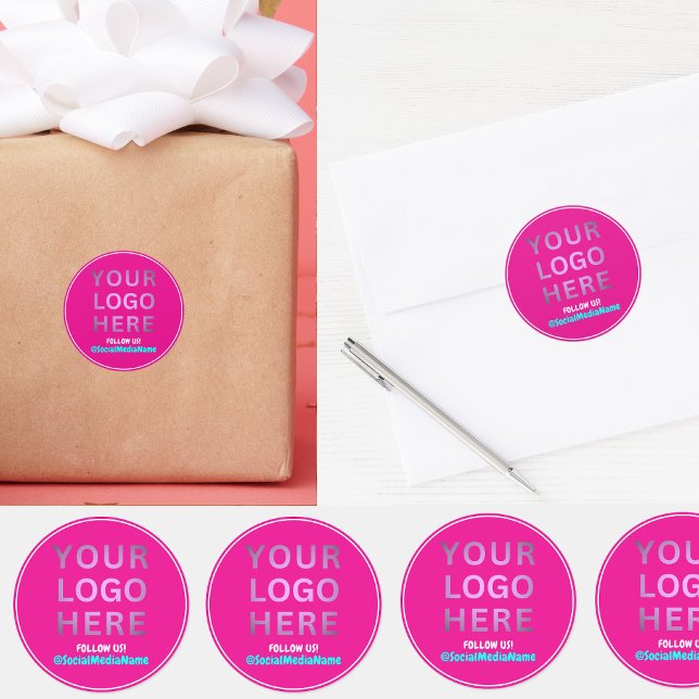 Company Business Logo & Social Media | Create Pink Classic Round Sticker (pink round stickers)