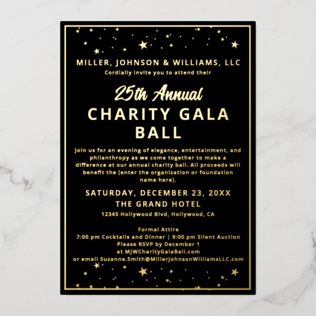 Company Charity Gala Ball Elegant Black All Foil Invitation (Front)
