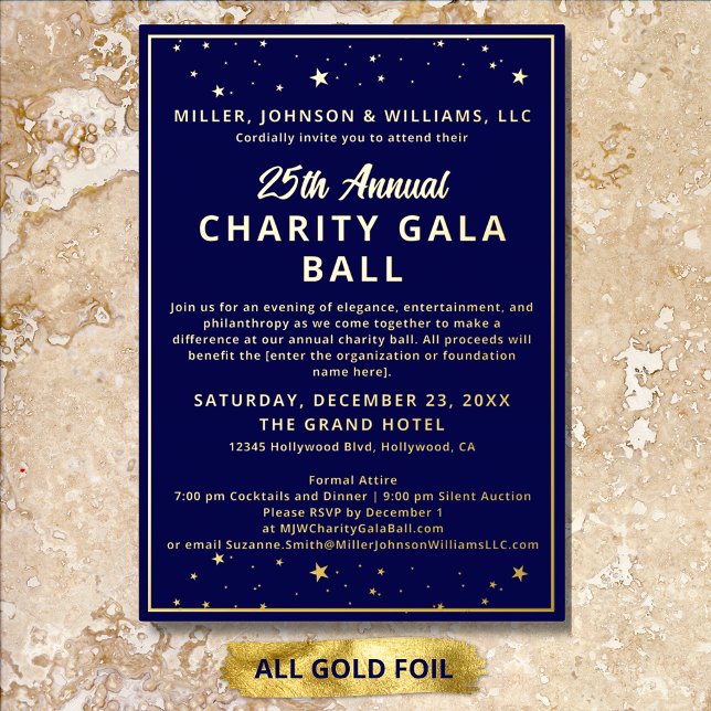 Company Charity Gala Ball Elegant Blue All Foil Invitation (Elegant Charity Gala Ball Invitations in All Gold Foil, fully customizable with your details.)