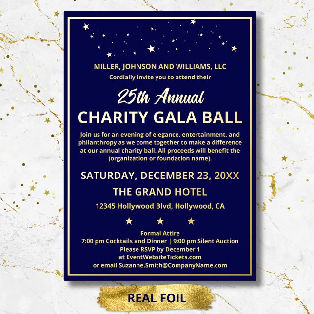Company Charity Gala Ball Elegant Blue Custom Foil Invitation (Company Annual Charity Gala Ball elegant custom gold foil invitation with matching envelope.)