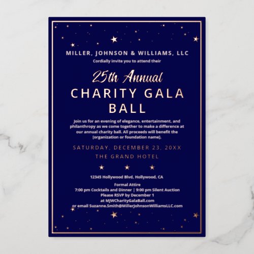Company Charity Gala Ball Elegant Blue Rose Gold Foil Invitation