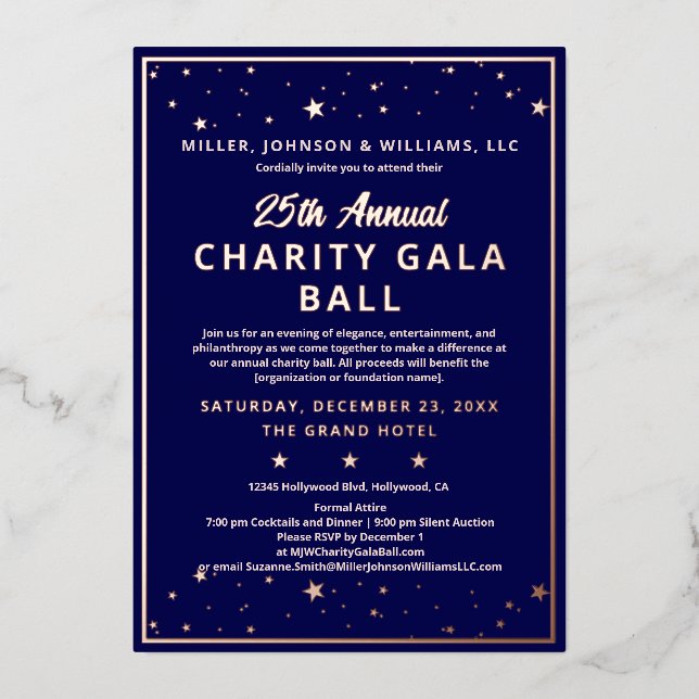 Company Charity Gala Ball Elegant Blue Rose Gold Foil Invitation (Front)