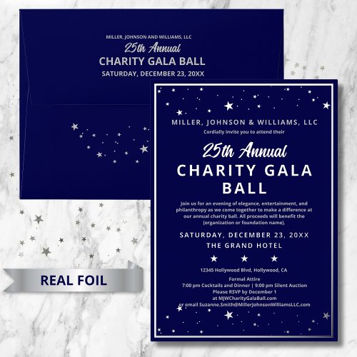 Company Charity Gala Ball Elegant Blue Silver Foil Invitation