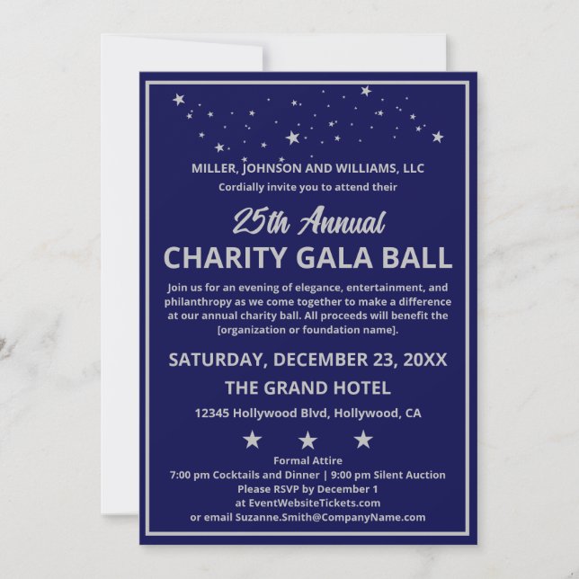 Company Charity Gala Ball Elegant Blue Silver Invitation (Front)