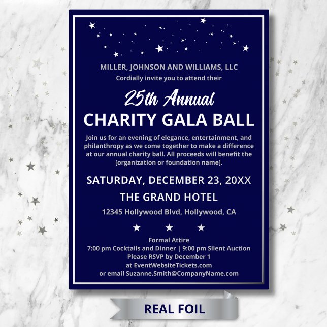 Company Charity Gala Ball Elegant Custom Silver Foil Invitation (Charity Gala Ball custom elegant silver foil invitations, also for Company and Retirement Parties.)