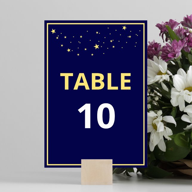 Company Charity Gala Ball Elegant Gold Blue Custom Table Number (Table number in dark blue with gold stars - part of the Charity Gala Ball Goil Foil Stars Collection)