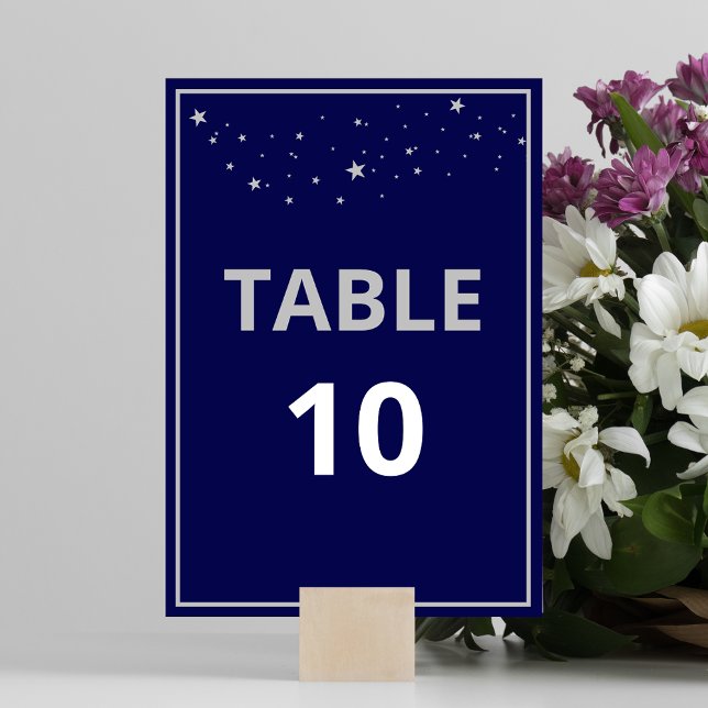 Company Charity Gala Ball Elegant Silver Blue Table Number (Table number in blue with silver stars - part of the Charity Gala Ball Silver Foil Stars Collection.)