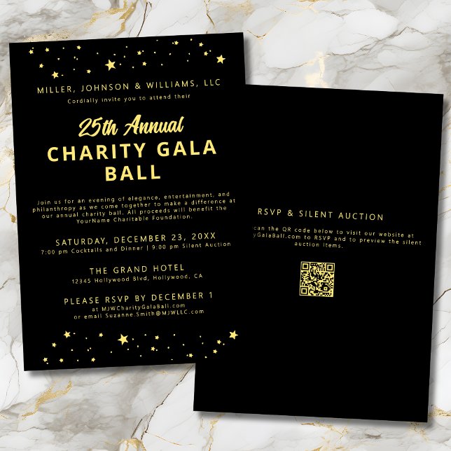 Company Charity Gala Ball Fundraiser Black Gold Invitation (Company Charity Gala Ball Silent Auction Fundraiser Black and Gold Invitation with QR Code, Stars.)