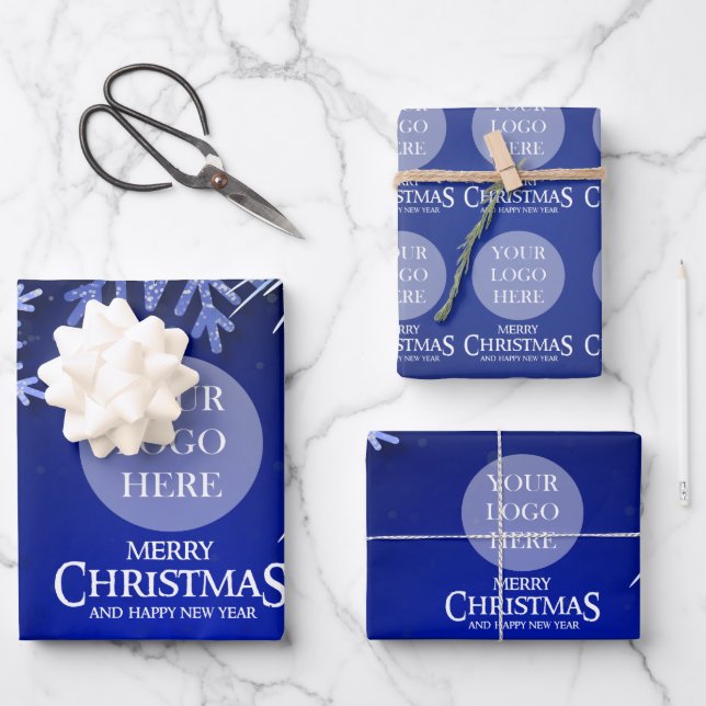 Company Christmas Logo Royal Blue Wrapping Paper Sheets (Front)