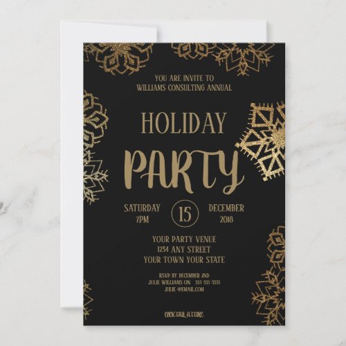 Company Christmas Party   Black and Gold Glitter Invitation