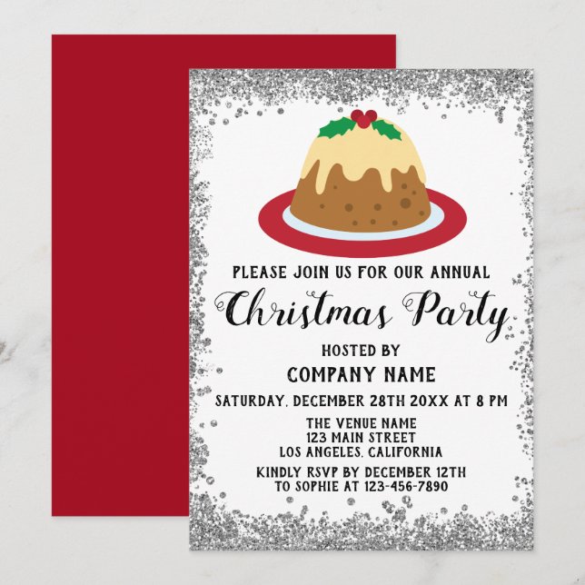 Company Christmas Party Holiday Pudding Red Silver Invitation (Front/Back)