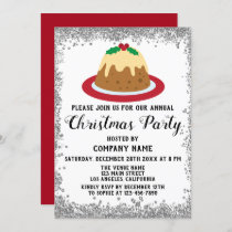 Company Christmas Party Holiday Pudding Red Silver Invitation