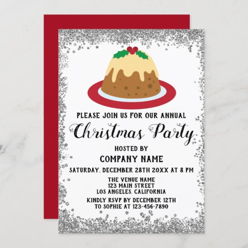 Company Christmas Party Holiday Pudding Red Silver Invitation