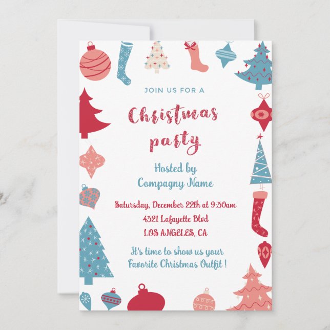 Company Christmas Party Invite Cute Pink and Blue (Front)
