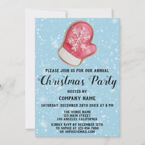 Company Christmas Party Red White Mitten Blue Snow Invitation