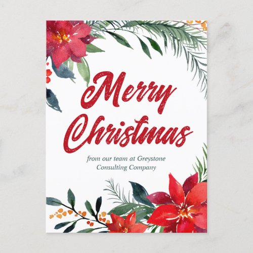 Company Christmas Poinsettia Floral Custom Holiday Postcard