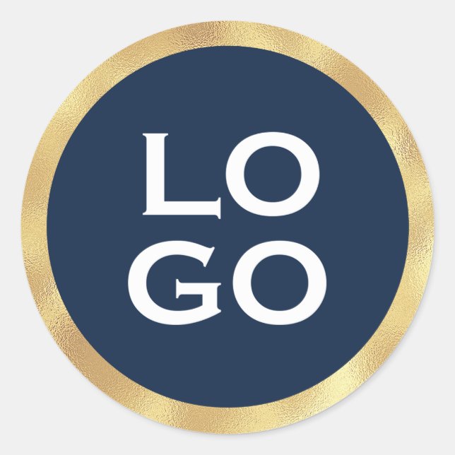 Company Custom Logo & Gold Frame on Navy Blue Classic Round Sticker (Front)