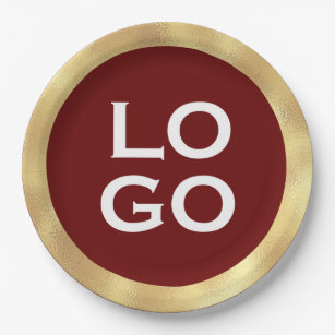 Company Custom Logo with Gold Frame on Burgundy Paper Plates