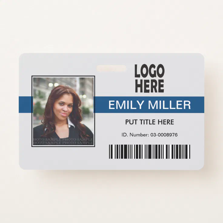 Company employee logo, barcode blue photo template badge | Zazzle