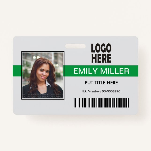Company employee logo barcode green photo template badge (Front)