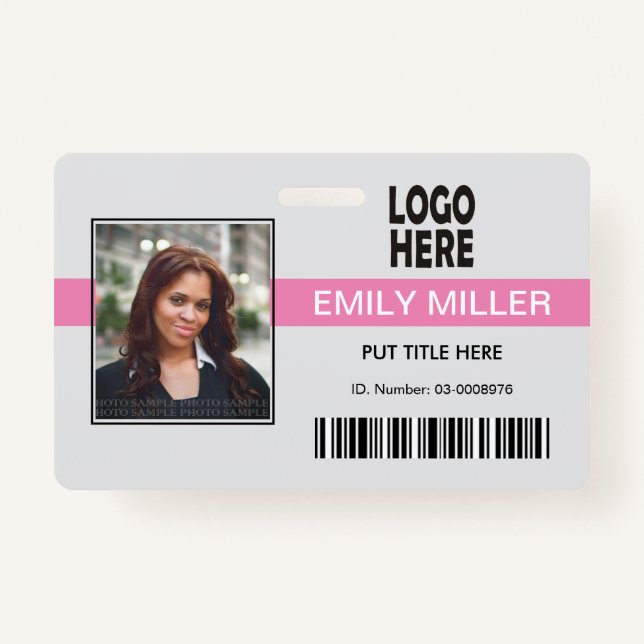 Company employee logo, barcode pink photo template badge (Front)