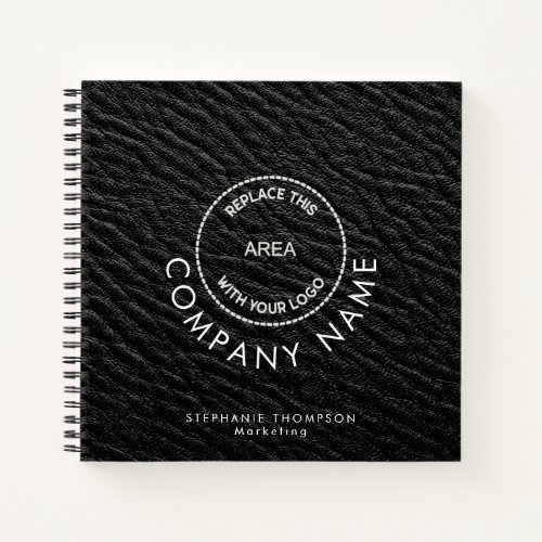 Company Employee Name Logo QR Black Faux Leather  Notebook