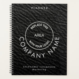 Company Employee Name Logo QR Black Faux Leather  Planner