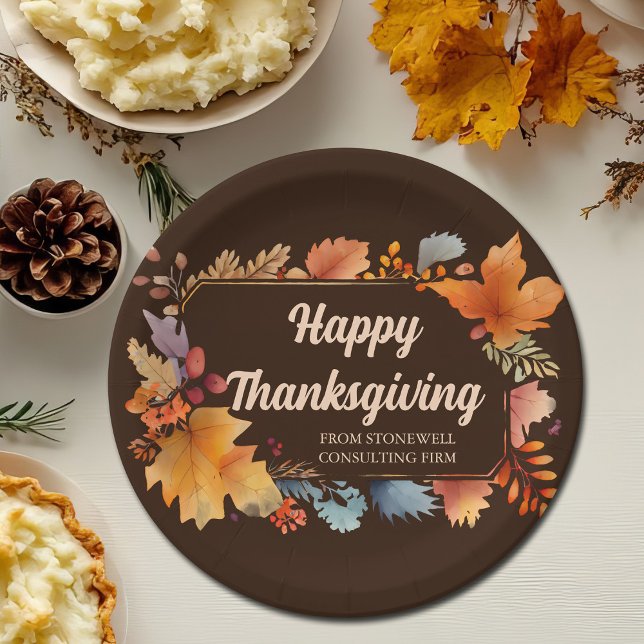 Company Happy Thanksgiving Leaves Brown Party Paper Plates (Creator Uploaded)