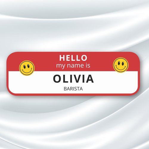 Company Hello Employee Smiley Red Magnetic Name Tag