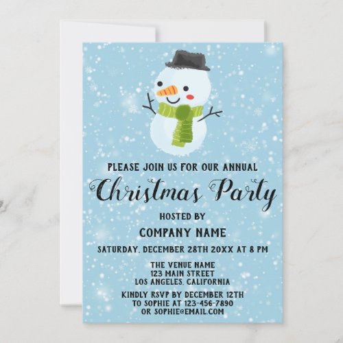 Company Holiday Christmas Party White Snowman Blue Invitation