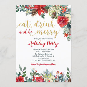 Company Holiday party red gold elegant floral Invitation