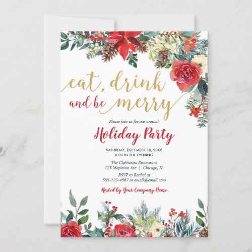 Company Holiday party red gold elegant floral Invitation