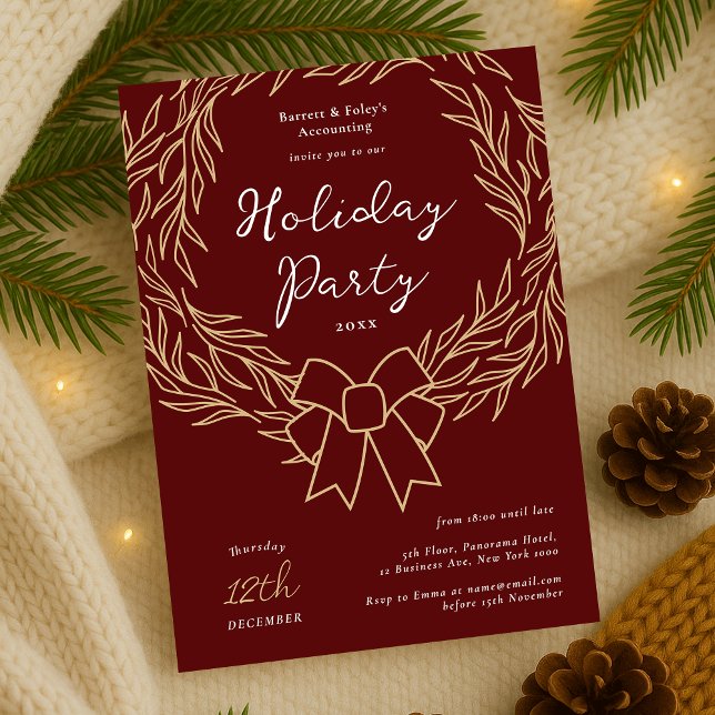Company Holiday Party Red & Gold Wreath Business Invitation (Modern minimal greenery wreath Business Holiday Party Invitation in red and gold)