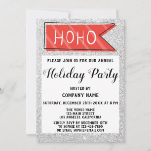 Company Holiday Party Red & Gray Silver Glitter Invitation