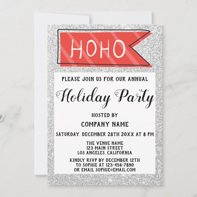 Company Holiday Party Red & Gray Silver Glitter Invitation (Front)