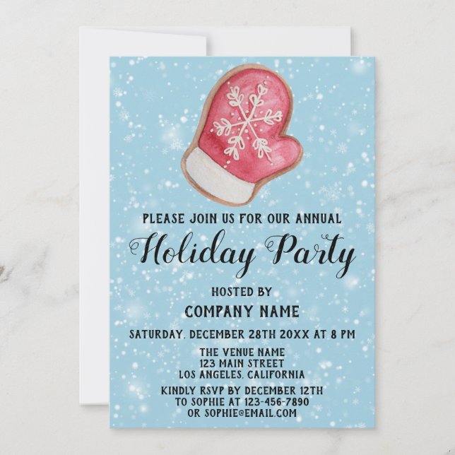 Company Holiday Party Red & White Mitten Blue Snow Invitation (Front)