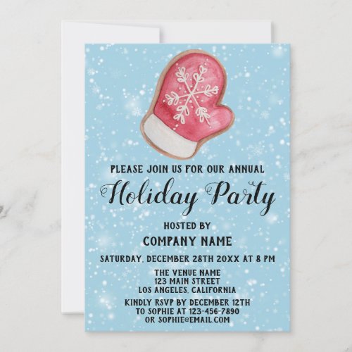 Company Holiday Party Red  White Mitten Blue Snow Invitation
